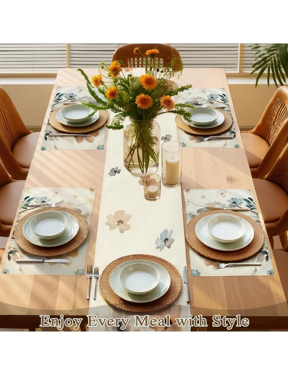 Floral Linen Table Runner Set - Beige & Blue